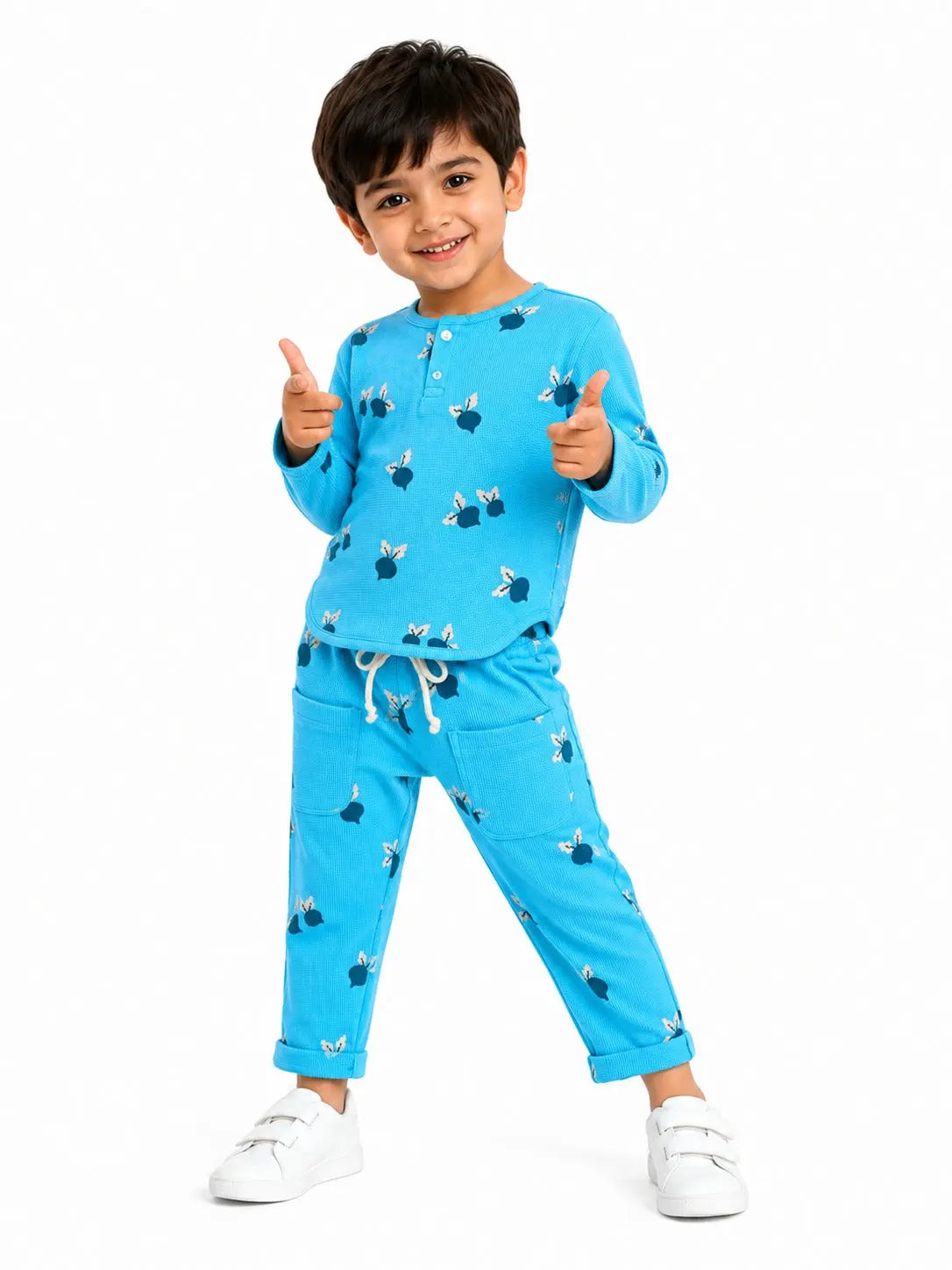 BloomUp Sky Blue Printed Long Sleeve Co-ord Set for Kids – Soft Cotton Rib Toddler Outfit