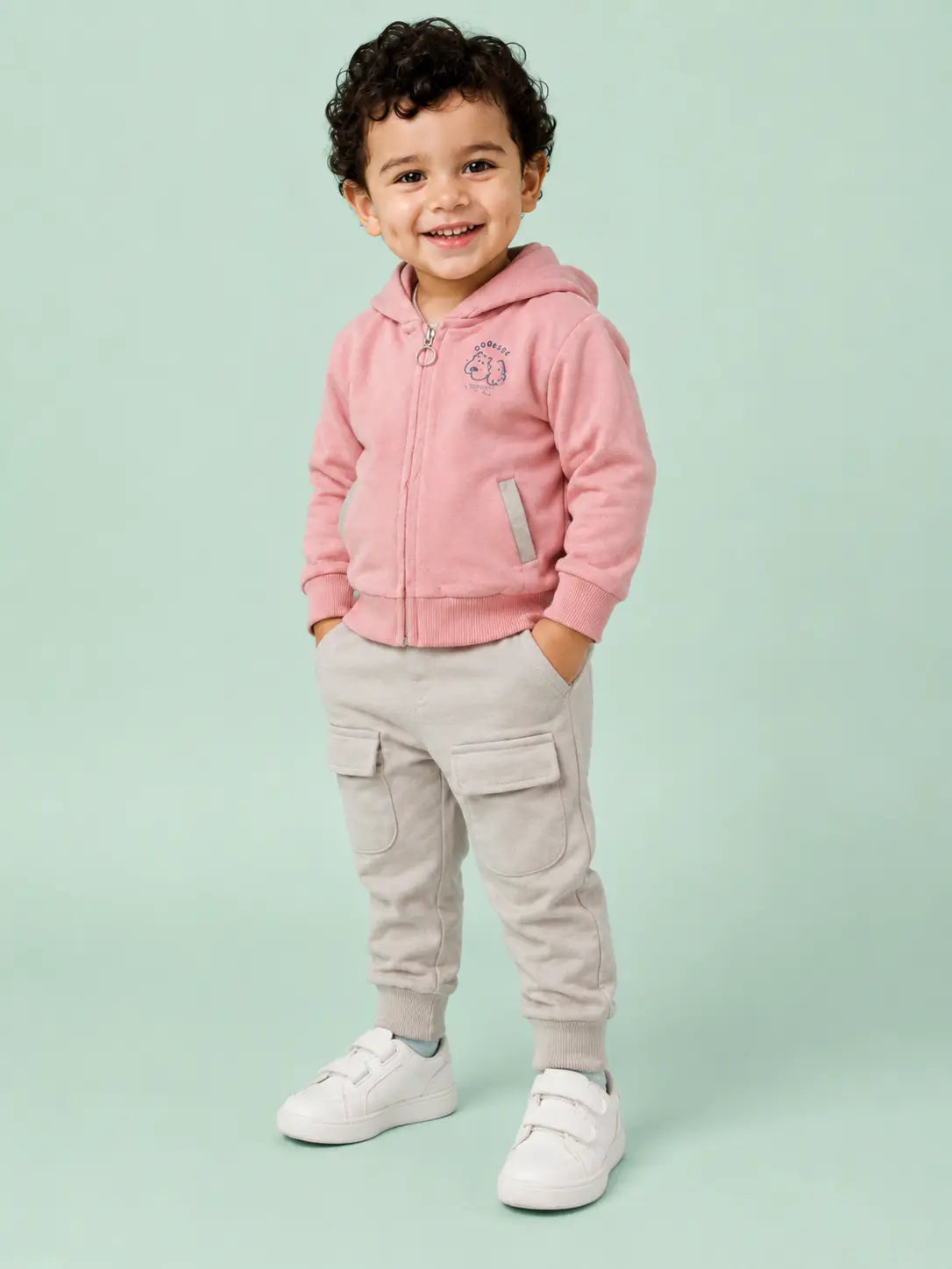BloomUp Pink Hooded Co-ord Set for Baby Boys – Zip-Up Hoodie & Cargo Jogger Pants Set