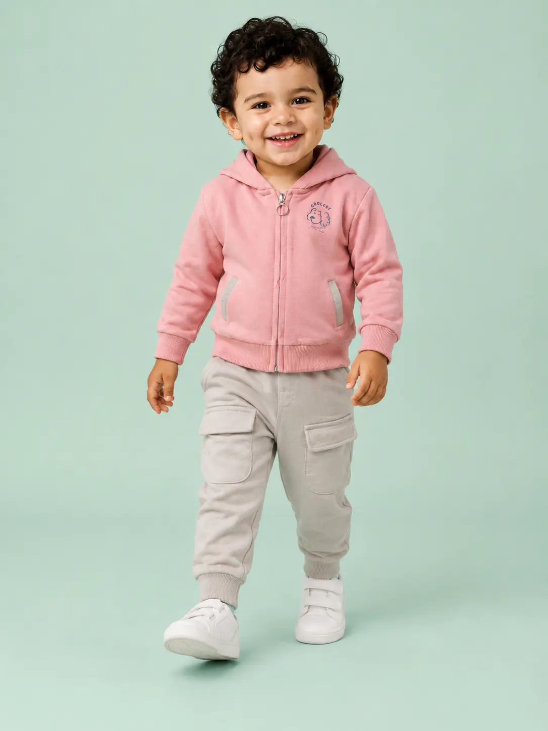 BloomUp Pink Hooded Co-ord Set for Baby Boys – Zip-Up Hoodie & Cargo Jogger Pants Set