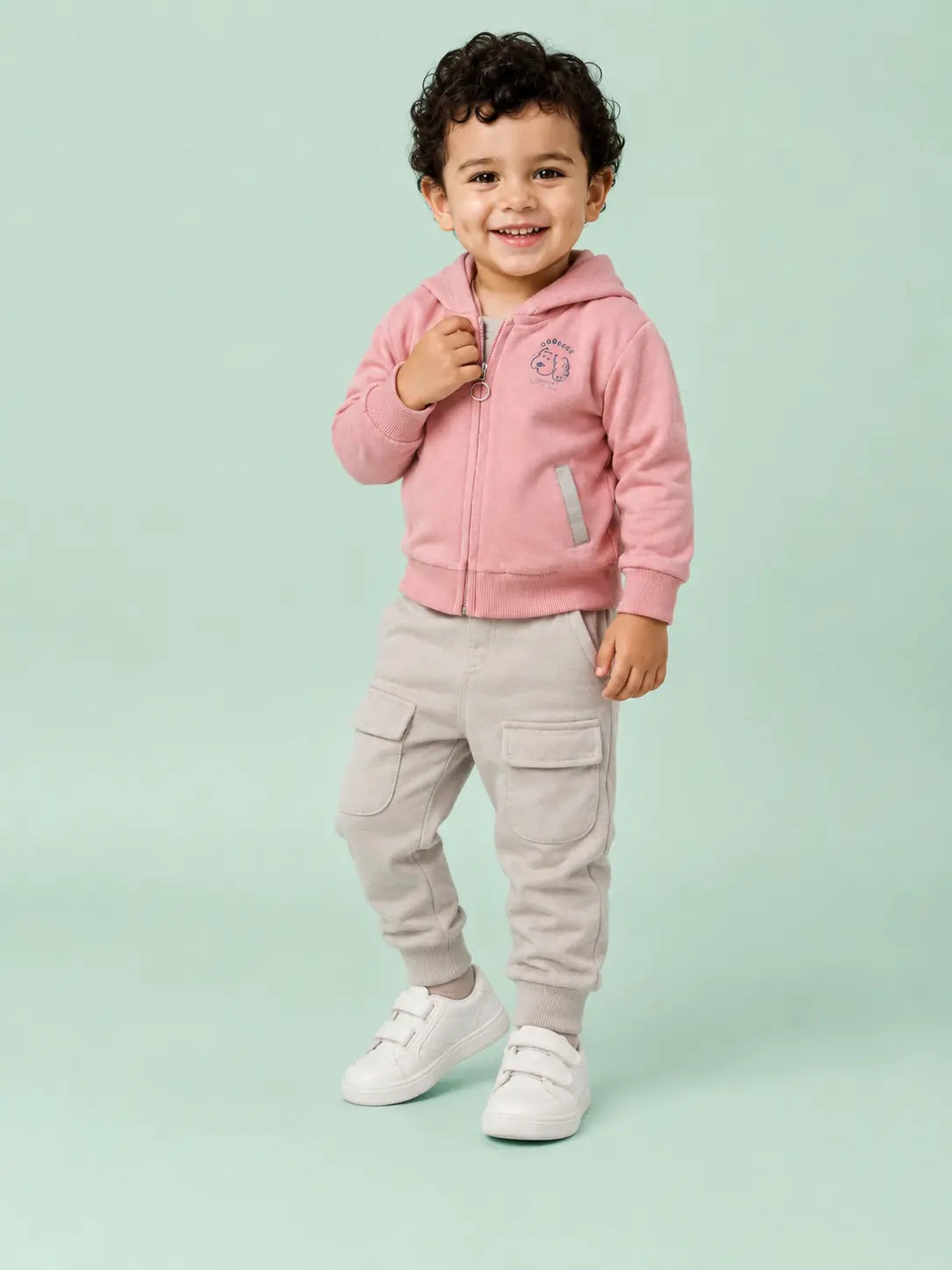 BloomUp Pink Hooded Co-ord Set for Baby Boys – Zip-Up Hoodie & Cargo Jogger Pants Set