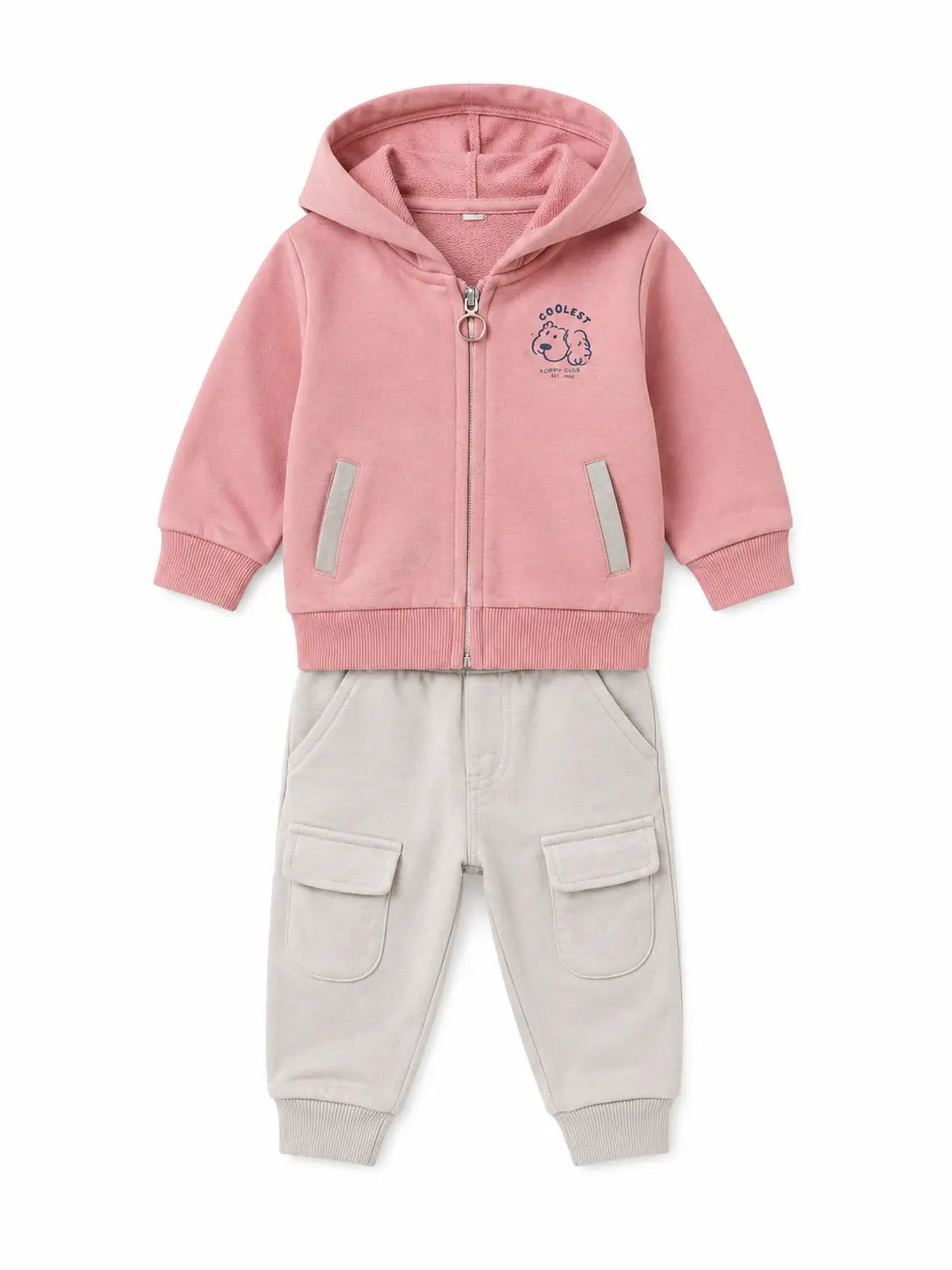 BloomUp Pink Hooded Co-ord Set for Baby Boys – Zip-Up Hoodie & Cargo Jogger Pants Set