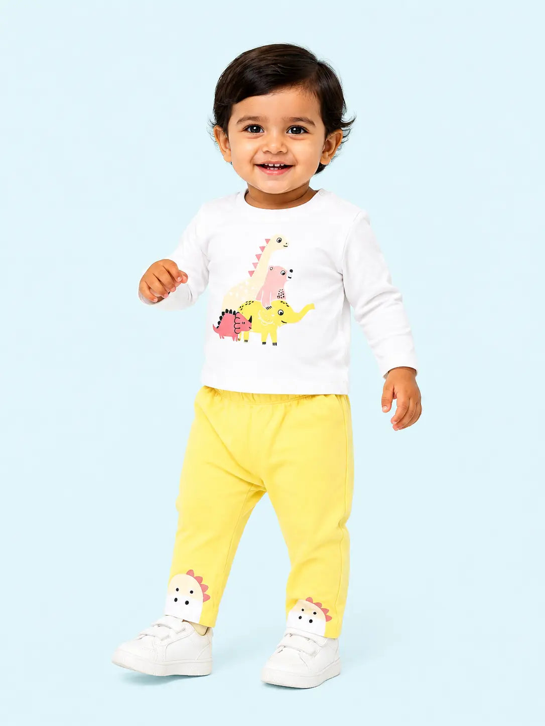 BloomUp White Dinosaur Graphic T-Shirt with Yellow Pants for Kids – Soft Cotton Baby Co-ord Set for Boys & Girls