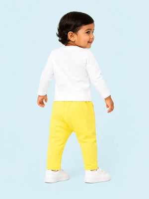 BloomUp White Dinosaur Graphic T-Shirt with Yellow Pants for Kids – Soft Cotton Baby Co-ord Set for Boys & Girls