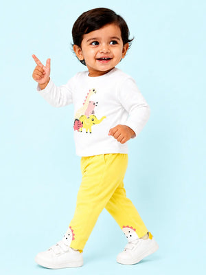 BloomUp White Dinosaur Graphic T-Shirt with Yellow Pants for Kids – Soft Cotton Baby Co-ord Set for Boys & Girls