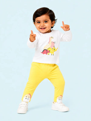BloomUp White Dinosaur Graphic T-Shirt with Yellow Pants for Kids – Soft Cotton Baby Co-ord Set for Boys & Girls
