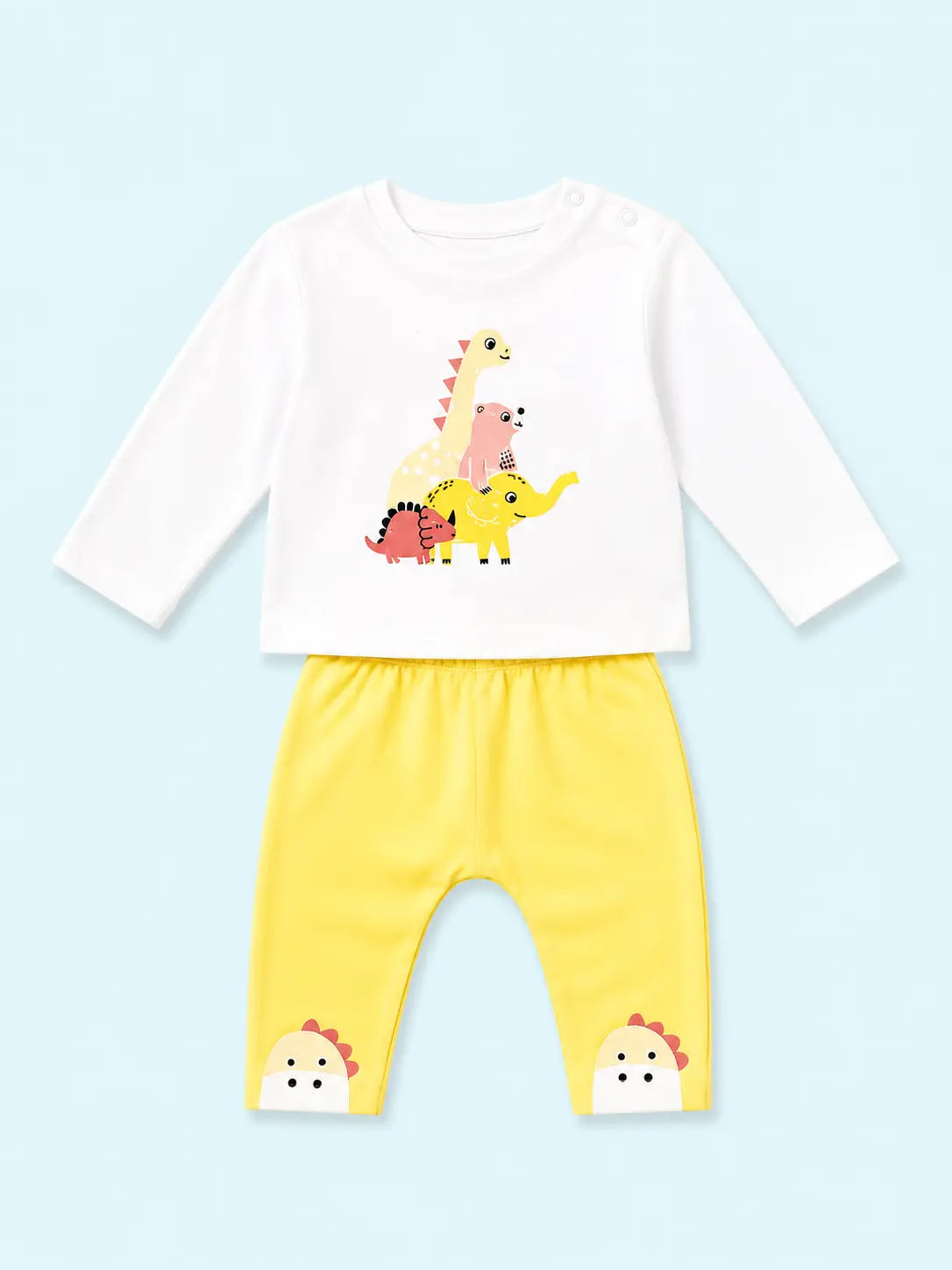 BloomUp White Dinosaur Graphic T-Shirt with Yellow Pants for Kids – Soft Cotton Baby Co-ord Set for Boys & Girls