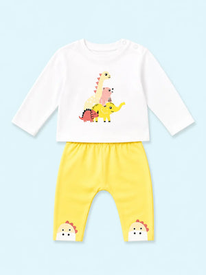 BloomUp White Dinosaur Graphic T-Shirt with Yellow Pants for Kids – Soft Cotton Baby Co-ord Set for Boys & Girls