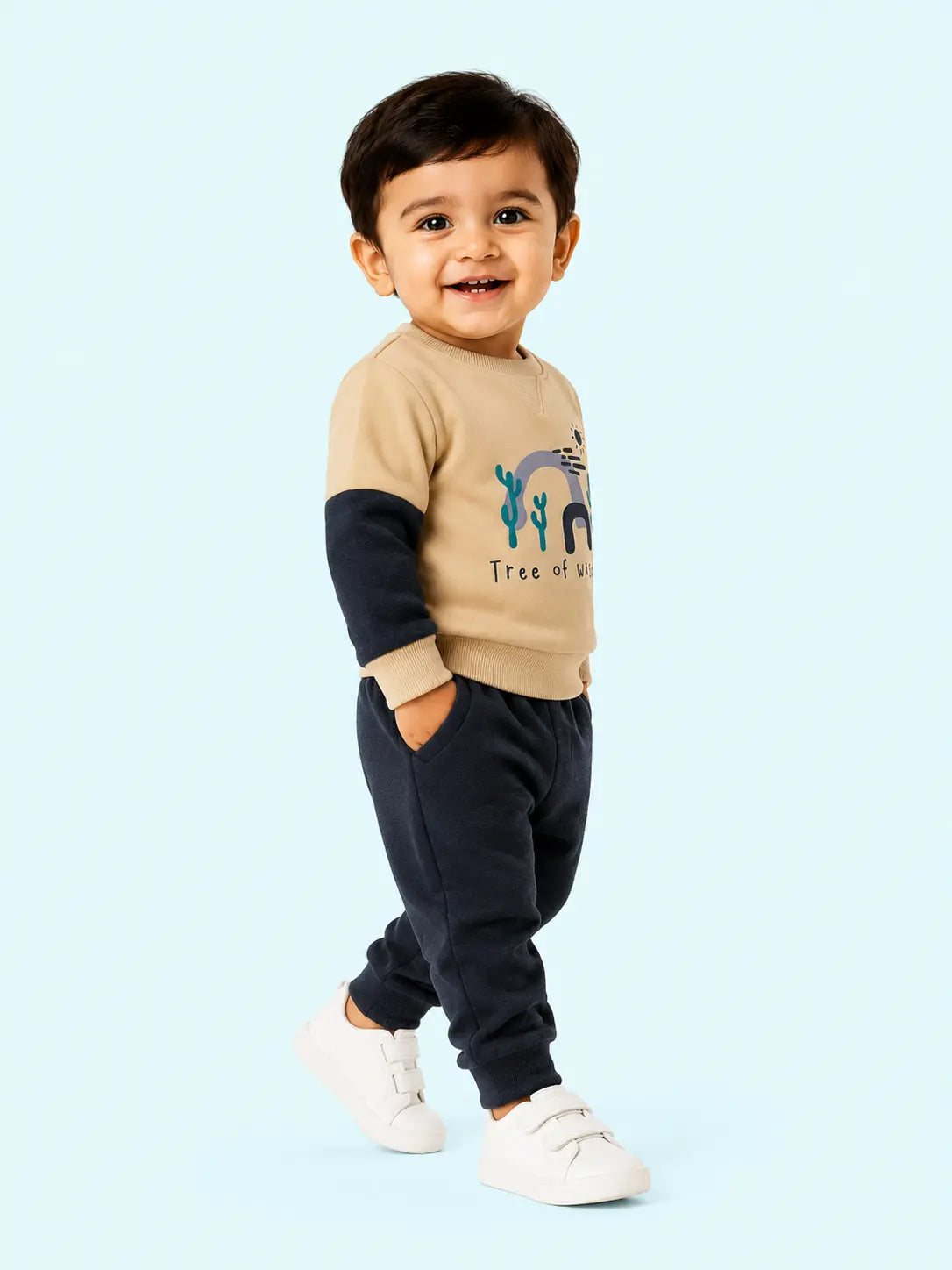 BloomUp Beige & Navy Tree of Wisdom Sweatshirt with Joggers for Kids – Soft Winter Co-ord Set for Boys & Girls
