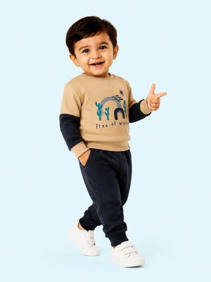BloomUp Beige & Navy Tree of Wisdom Sweatshirt with Joggers for Kids – Soft Winter Co-ord Set for Boys & Girls