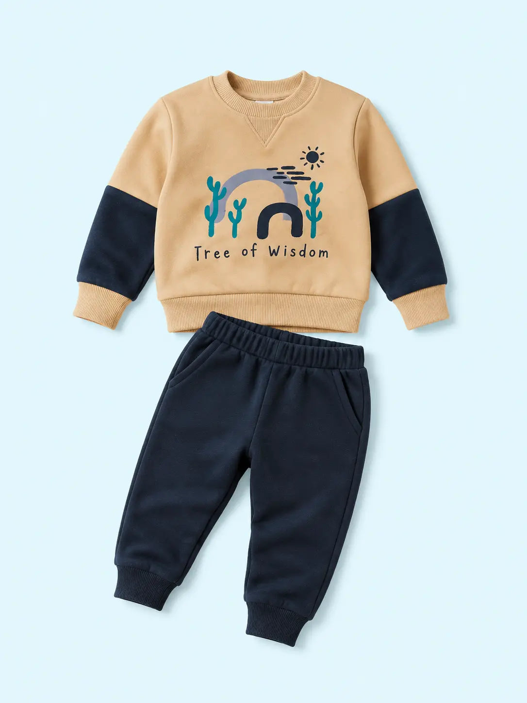 BloomUp Beige & Navy Tree of Wisdom Sweatshirt with Joggers for Kids – Soft Winter Co-ord Set for Boys & Girls