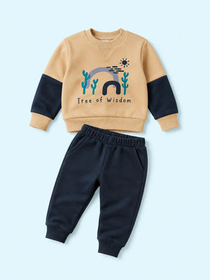 BloomUp Beige & Navy Tree of Wisdom Sweatshirt with Joggers for Kids – Soft Winter Co-ord Set for Boys & Girls