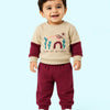Beige & Maroon Tree of Wisdom Sweatshirt & Jogger Co-ord Set for Baby Boys – Soft Cotton Fleece Winter Wear