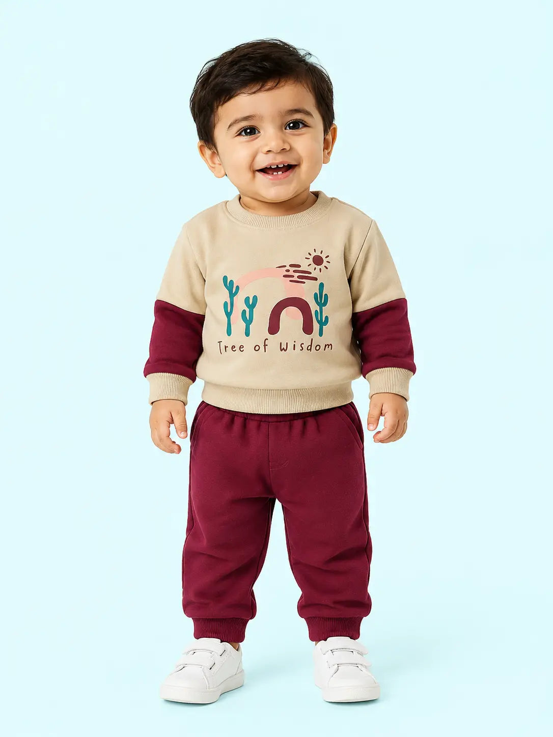 BloomUp Beige & Maroon Tree of Wisdom Sweatshirt with Joggers for Kids – Soft Winter Co-ord Set for Boys & Girls