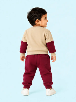 BloomUp Beige & Maroon Tree of Wisdom Sweatshirt with Joggers for Kids – Soft Winter Co-ord Set for Boys & Girls