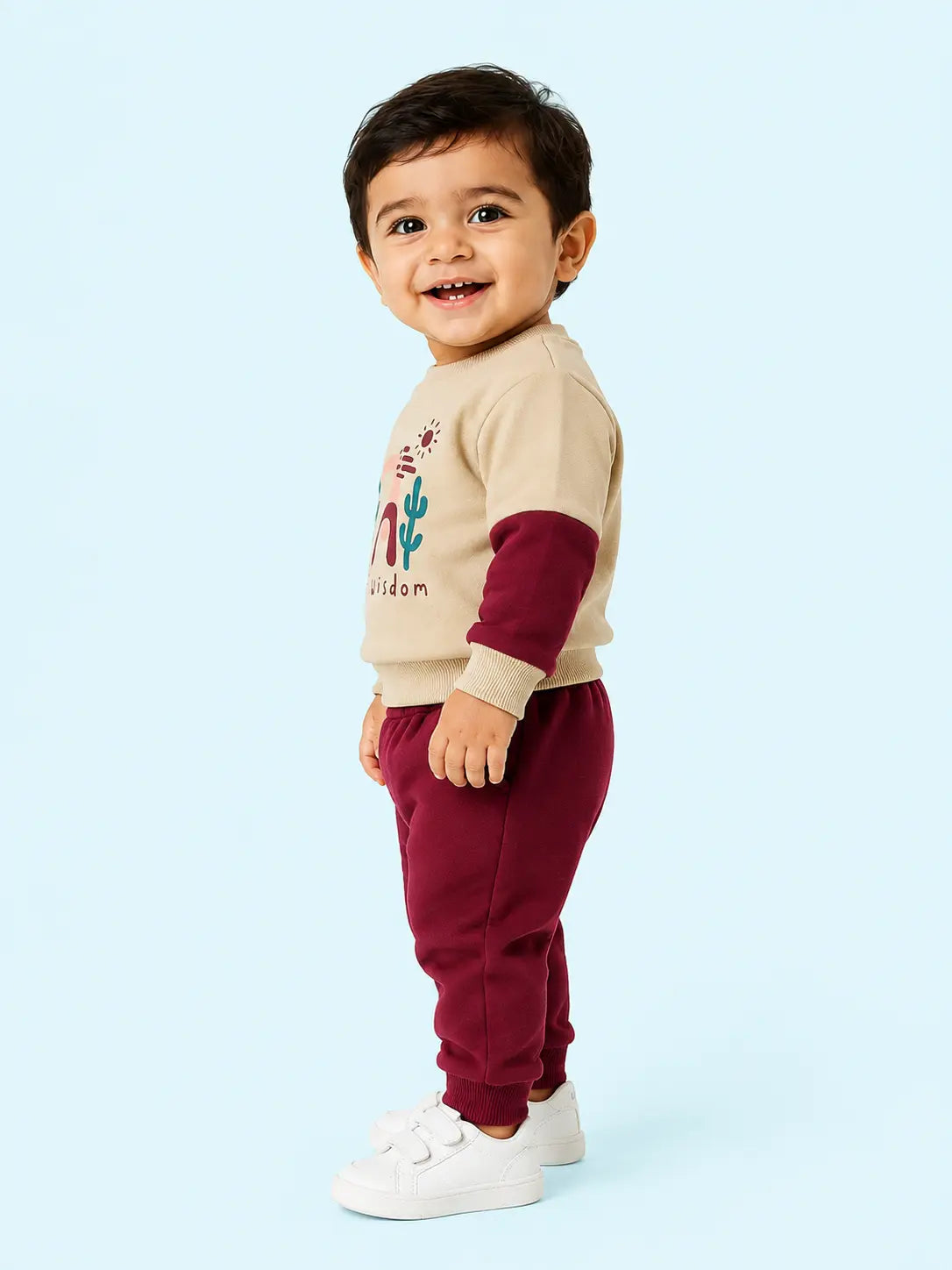 BloomUp Beige & Maroon Tree of Wisdom Sweatshirt with Joggers for Kids – Soft Winter Co-ord Set for Boys & Girls