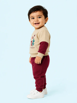 BloomUp Beige & Maroon Tree of Wisdom Sweatshirt with Joggers for Kids – Soft Winter Co-ord Set for Boys & Girls