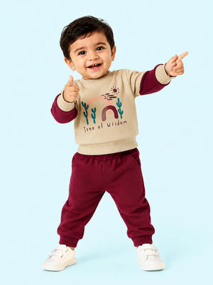 BloomUp Beige & Maroon Tree of Wisdom Sweatshirt with Joggers for Kids – Soft Winter Co-ord Set for Boys & Girls