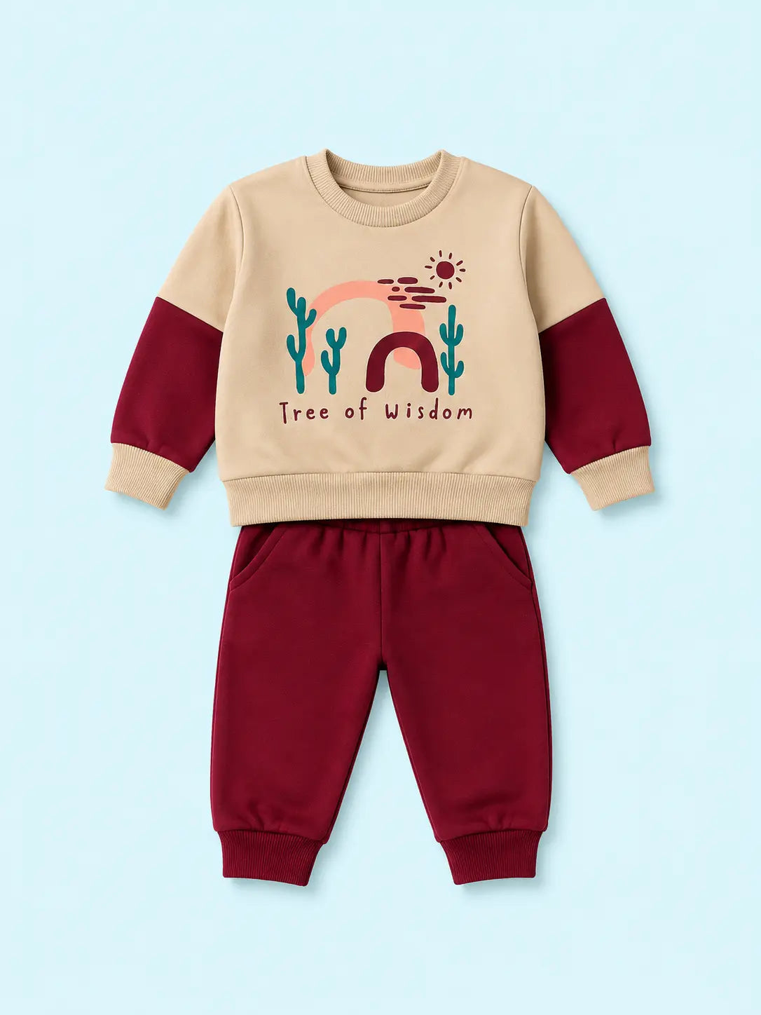 BloomUp Beige & Maroon Tree of Wisdom Sweatshirt with Joggers for Kids – Soft Winter Co-ord Set for Boys & Girls