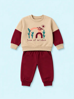 BloomUp Beige & Maroon Tree of Wisdom Sweatshirt with Joggers for Kids – Soft Winter Co-ord Set for Boys & Girls