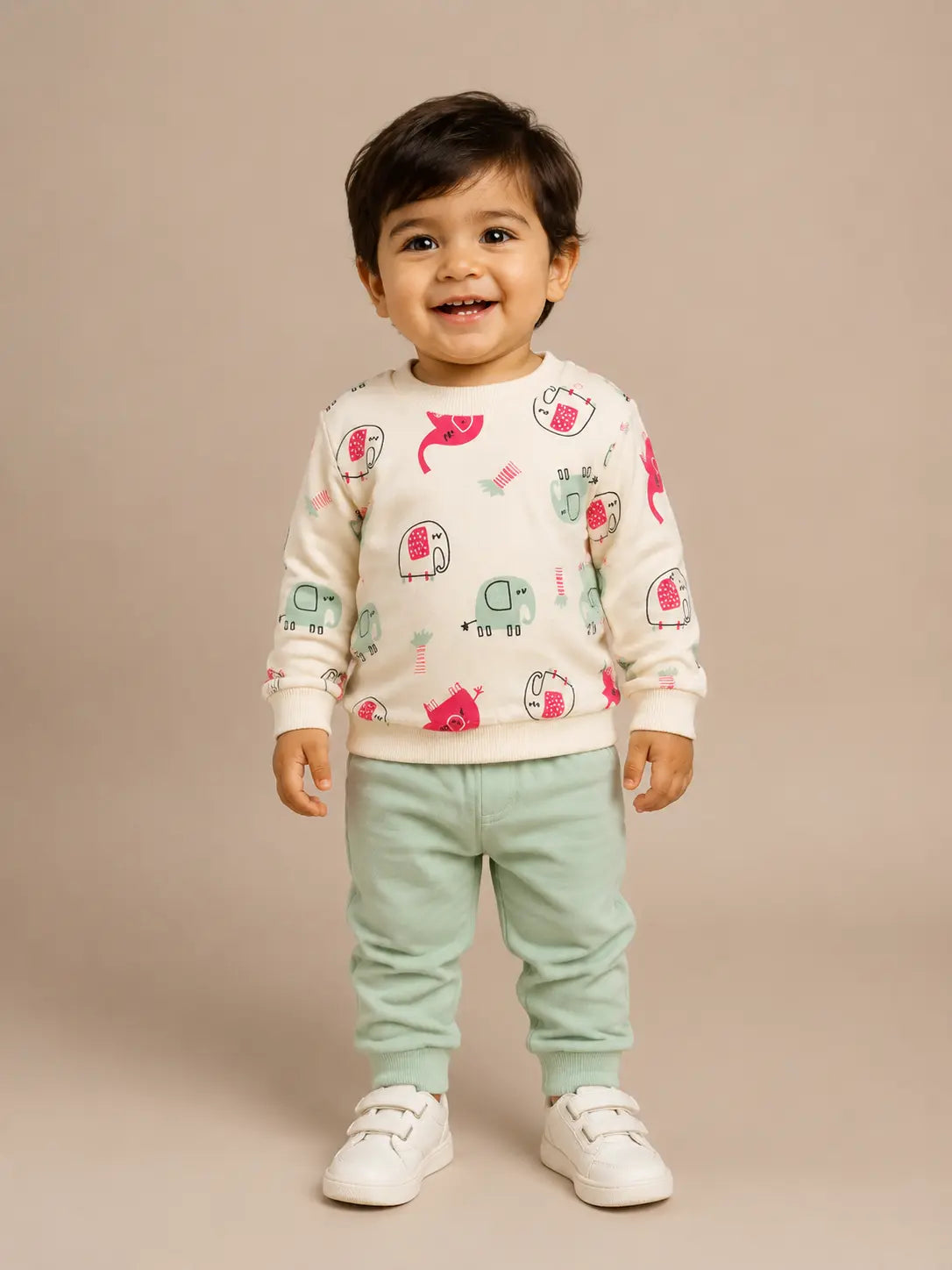BloomUp Cream Elephant Print Sweatshirt & Mint Jogger Set for Kids – Soft Cotton Blend Winter Co-ord Outfit