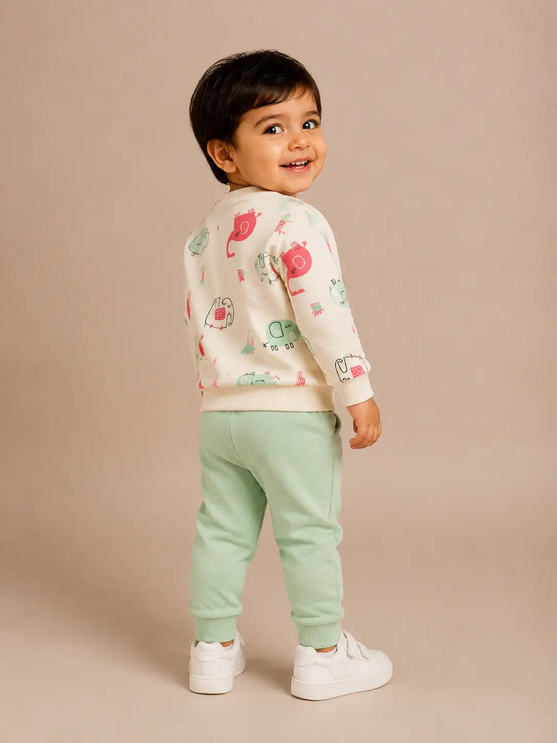BloomUp Cream Elephant Print Sweatshirt & Mint Jogger Set for Kids – Soft Cotton Blend Winter Co-ord Outfit