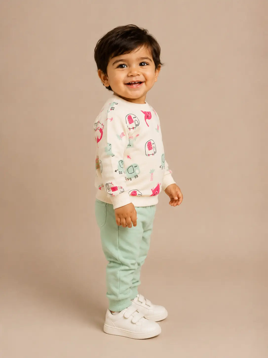 BloomUp Cream Elephant Print Sweatshirt & Mint Jogger Set for Kids – Soft Cotton Blend Winter Co-ord Outfit
