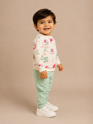 BloomUp Cream Elephant Print Sweatshirt & Mint Jogger Set for Kids – Soft Cotton Blend Winter Co-ord Outfit