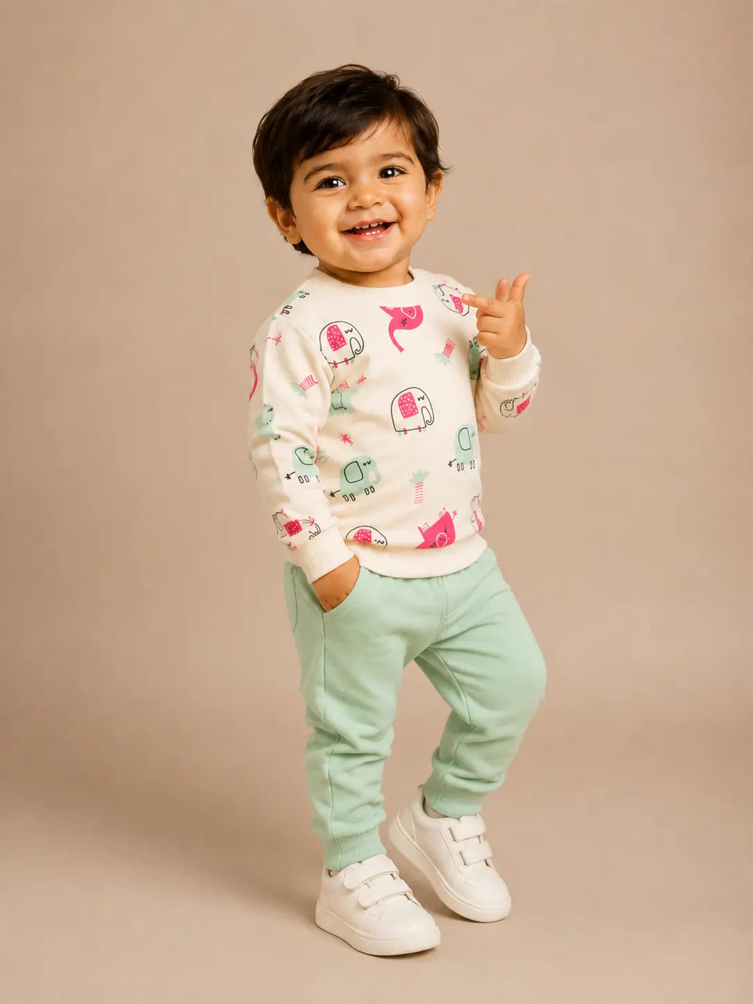 BloomUp Cream Elephant Print Sweatshirt & Mint Jogger Set for Kids – Soft Cotton Blend Winter Co-ord Outfit