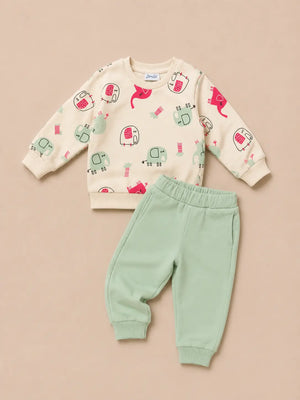 BloomUp Cream Elephant Print Sweatshirt & Mint Jogger Set for Kids – Soft Cotton Blend Winter Co-ord Outfit