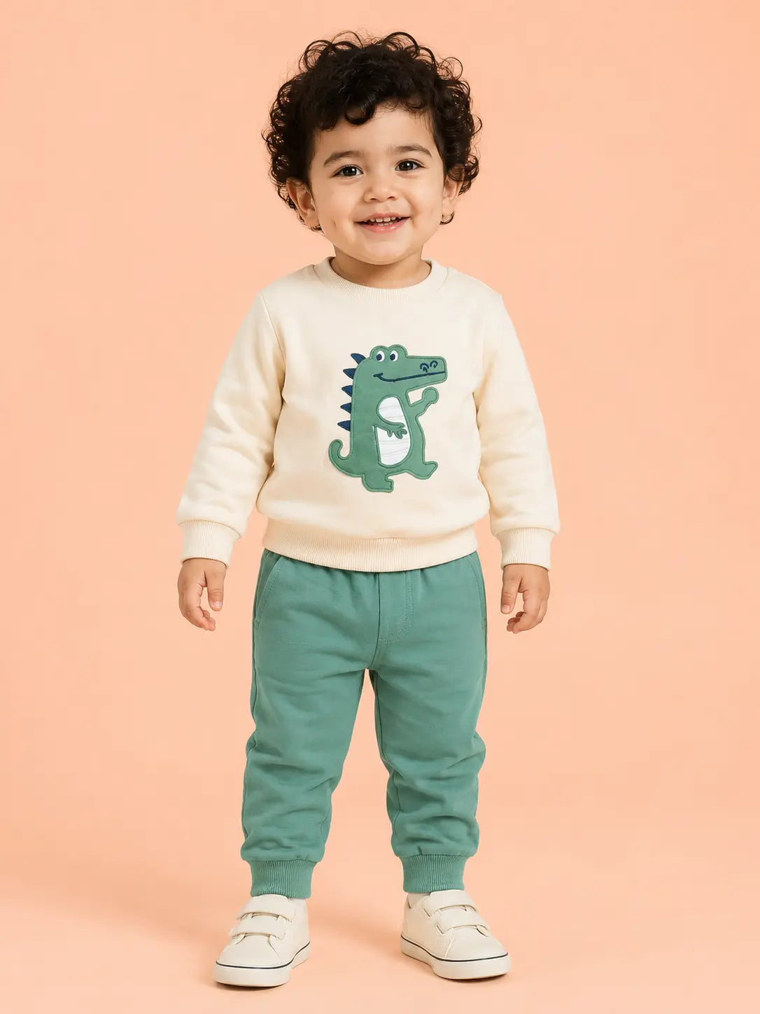BloomUp Cream & Sage Green Dinosaur Co-ord Set for Baby Boys – Soft Sweatshirt & Jogger Pants Set