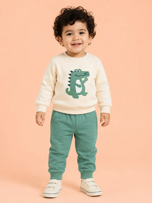 BloomUp Cream & Sage Green Dinosaur Co-ord Set for Baby Boys – Soft Sweatshirt & Jogger Pants Set