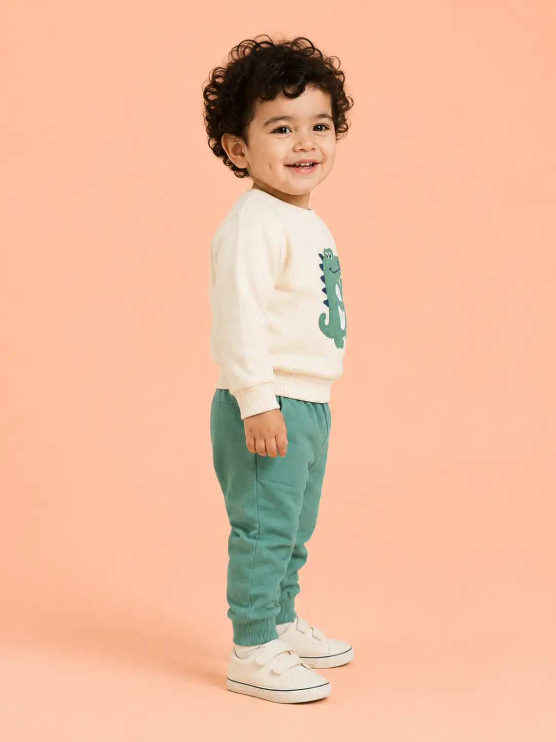 BloomUp Cream & Sage Green Dinosaur Co-ord Set for Baby Boys – Soft Sweatshirt & Jogger Pants Set