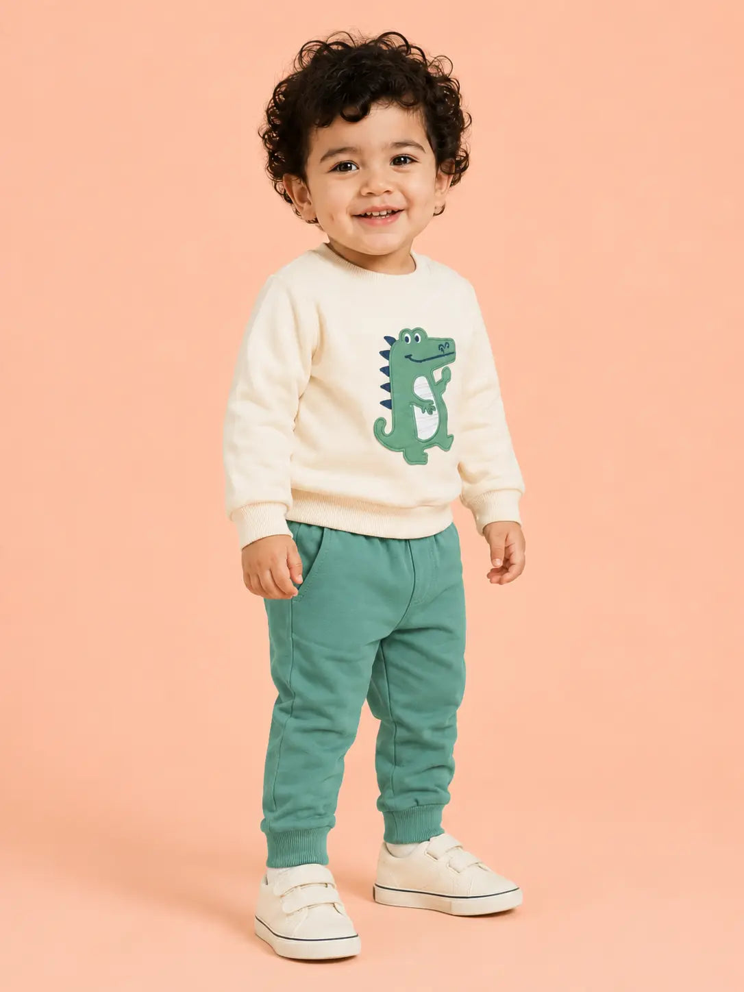BloomUp Cream & Sage Green Dinosaur Co-ord Set for Baby Boys – Soft Sweatshirt & Jogger Pants Set