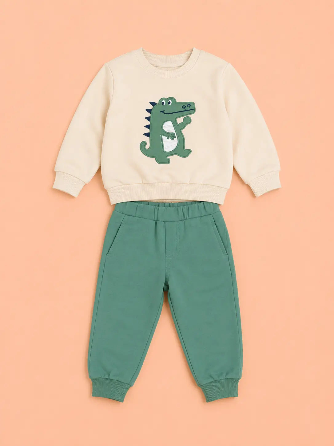 BloomUp Cream & Sage Green Dinosaur Co-ord Set for Baby Boys – Soft Sweatshirt & Jogger Pants Set