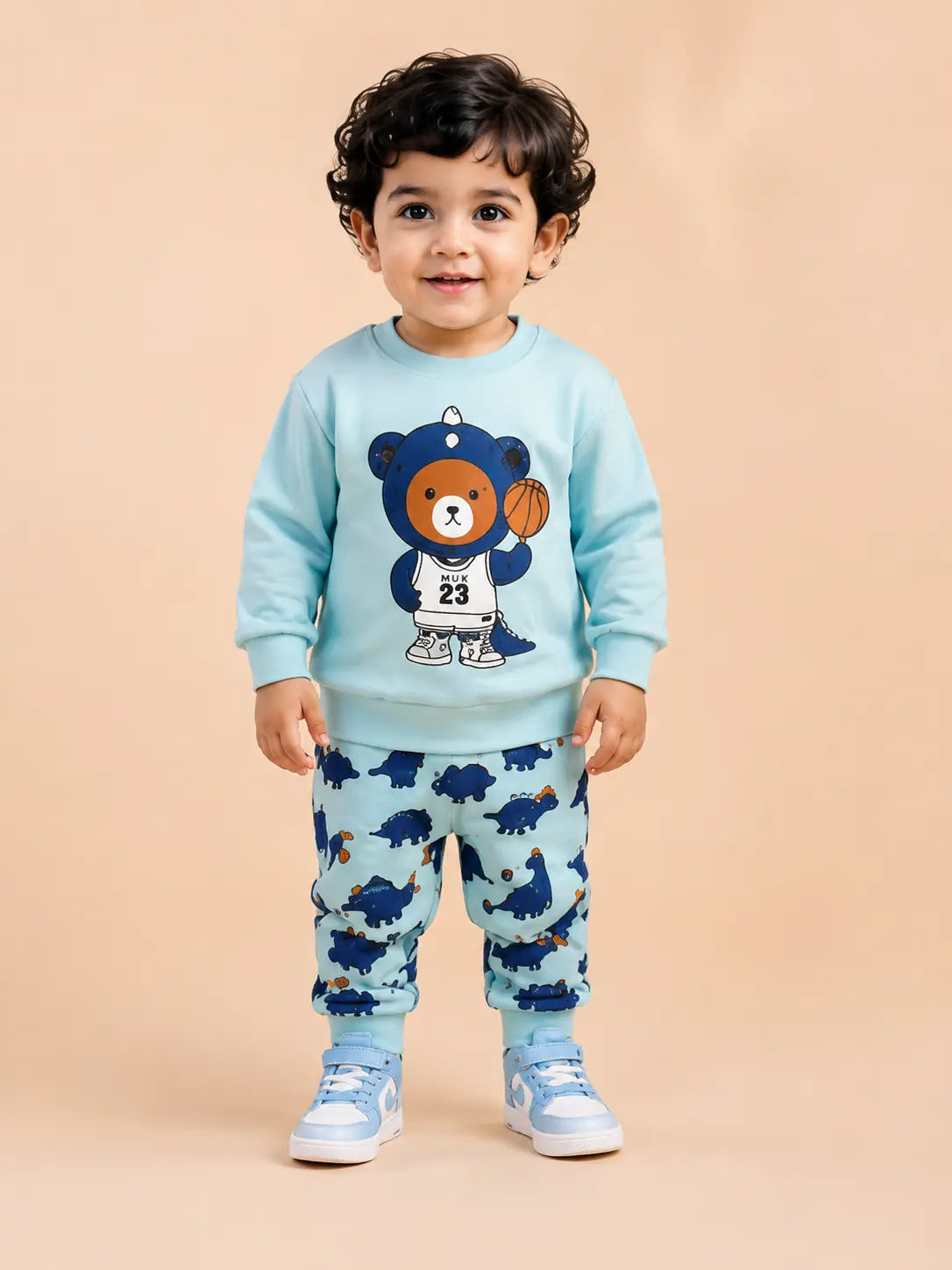 BloomUp Sky Blue Dino Bear Sweatshirt & Dinosaur Jogger Set for Kids – Soft Fleece Winter Co-ord Outfit
