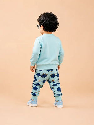 BloomUp Sky Blue Dino Bear Sweatshirt & Dinosaur Jogger Set for Kids – Soft Fleece Winter Co-ord Outfit