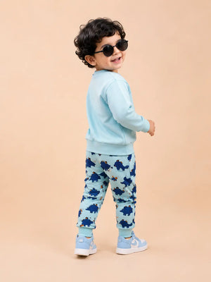 BloomUp Sky Blue Dino Bear Sweatshirt & Dinosaur Jogger Set for Kids – Soft Fleece Winter Co-ord Outfit