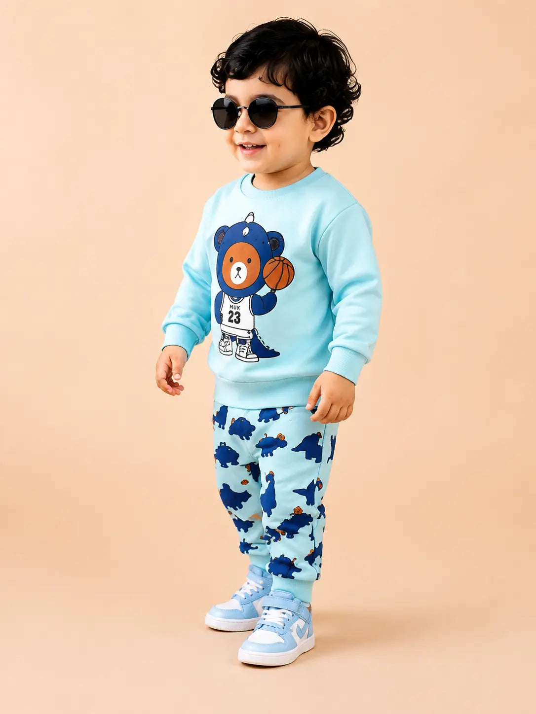 BloomUp Sky Blue Dino Bear Sweatshirt & Dinosaur Jogger Set for Kids – Soft Fleece Winter Co-ord Outfit