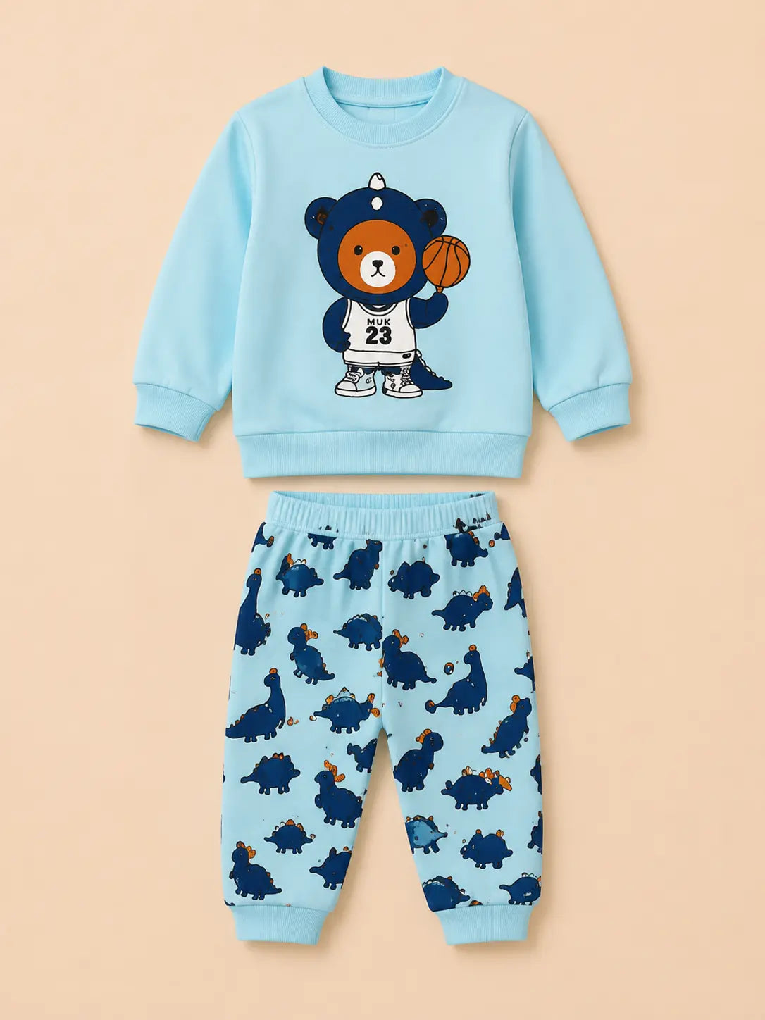 BloomUp Sky Blue Dino Bear Sweatshirt & Dinosaur Jogger Set for Kids – Soft Fleece Winter Co-ord Outfit