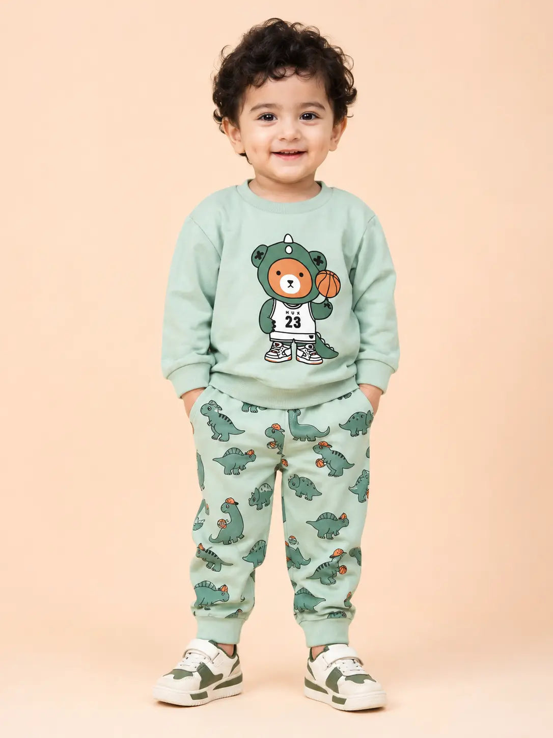 BloomUp Mint Green Dino Bear Sweatshirt & Jogger Set for Kids – Soft Fleece Co-ord Winter Outfit