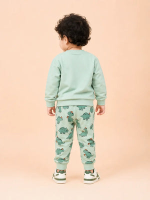 BloomUp Mint Green Dino Bear Sweatshirt & Jogger Set for Kids – Soft Fleece Co-ord Winter Outfit