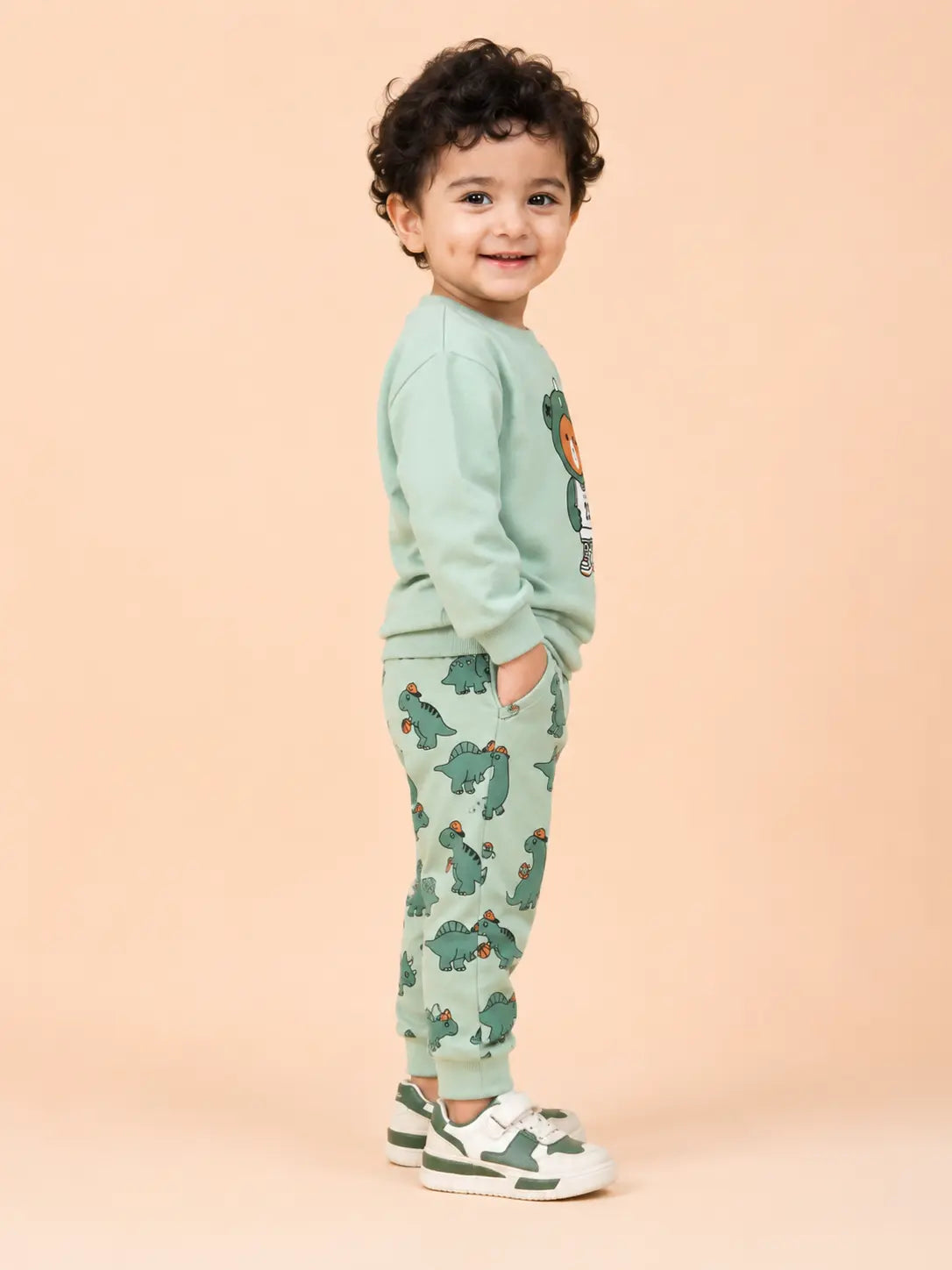BloomUp Mint Green Dino Bear Sweatshirt & Jogger Set for Kids – Soft Fleece Co-ord Winter Outfit