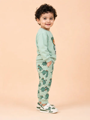 BloomUp Mint Green Dino Bear Sweatshirt & Jogger Set for Kids – Soft Fleece Co-ord Winter Outfit