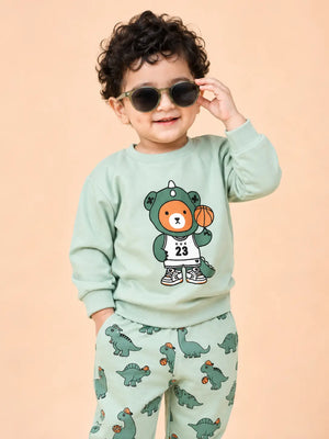 BloomUp Mint Green Dino Bear Sweatshirt & Jogger Set for Kids – Soft Fleece Co-ord Winter Outfit