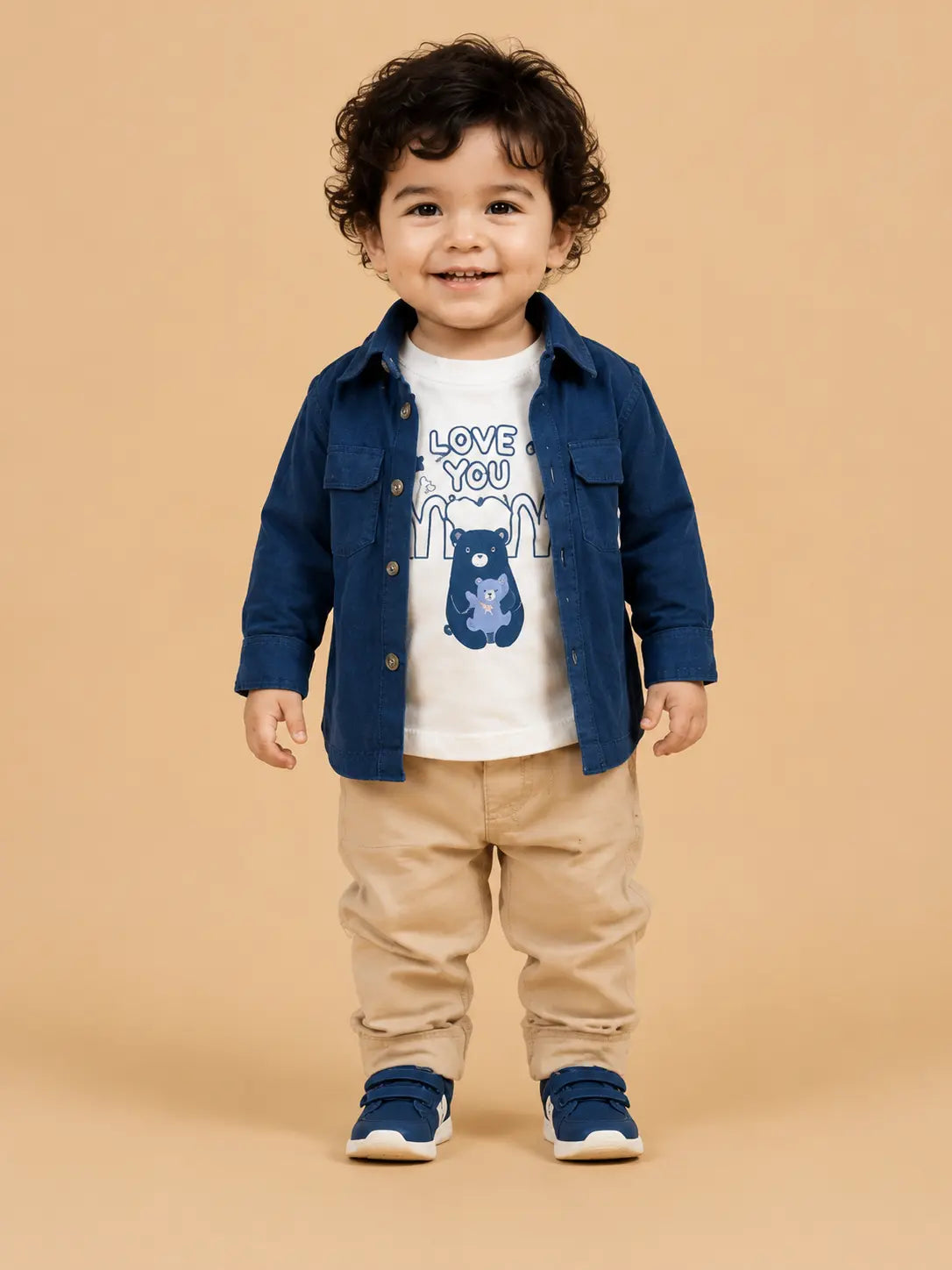 Kids Blue Shirt Jacket Co-ord Set – Printed Cotton T-Shirt with Beige Chino Pants | Casual Everyday Outfit