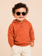 Rust Orange Henley Hooded Sweatshirt for Kids – Soft Fleece Pullover Hoodie with Kangaroo Pocket Winter Casual Wear