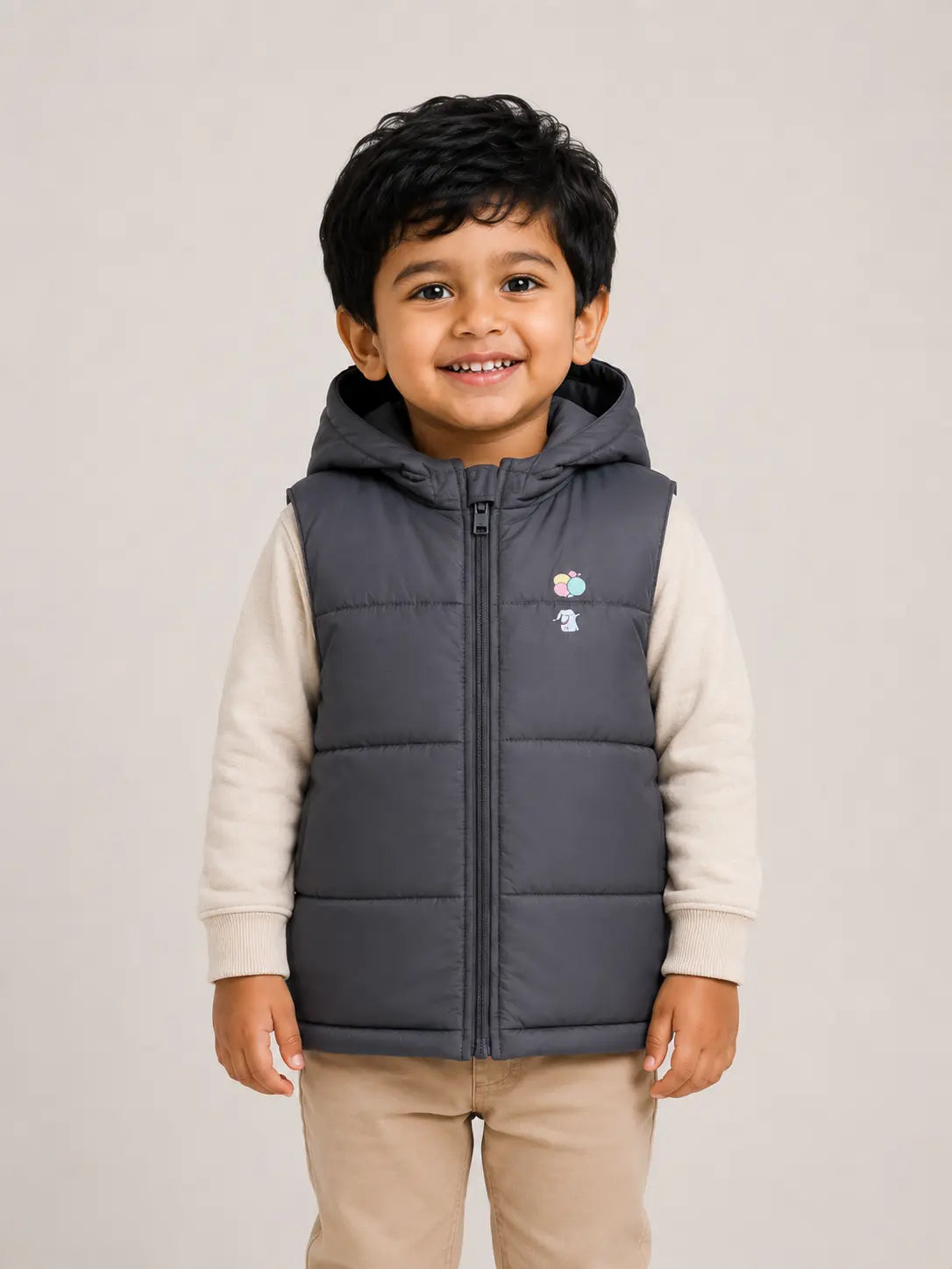 Black Hooded Puffer Vest Jacket for Kids – Lightweight Winter Sleeveless Zip-Up Warm Outdoor Wear with Cute Balloon Print