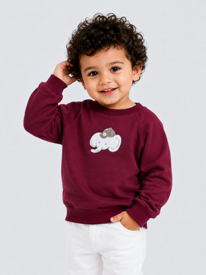 Maroon Elephant Appliqué Sweatshirt for Kids – Soft Cotton Fleece Winter Pullover BloomUp