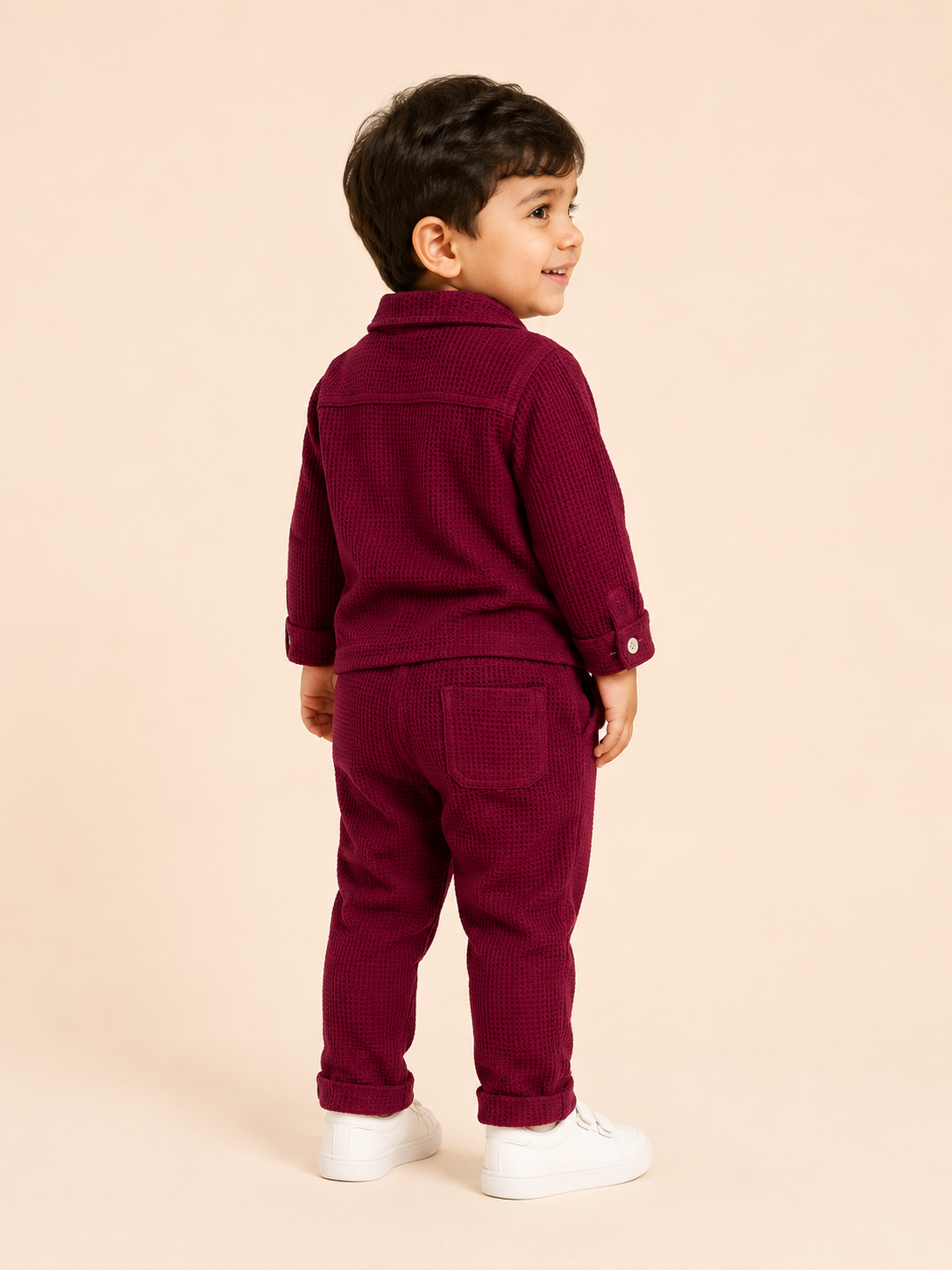 Mehroon Textured 3-Piece Co-ord Set for Baby Boys – Waffle Shirt, Graphic T-Shirt & Pants Set BloomUp
