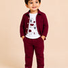 Mehroon Textured 3-Piece Co-ord Set for Baby Boys – Waffle Shirt, Graphic T-Shirt & Pants Set